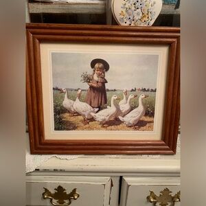 Vintage Framed Art with Girl and Geese